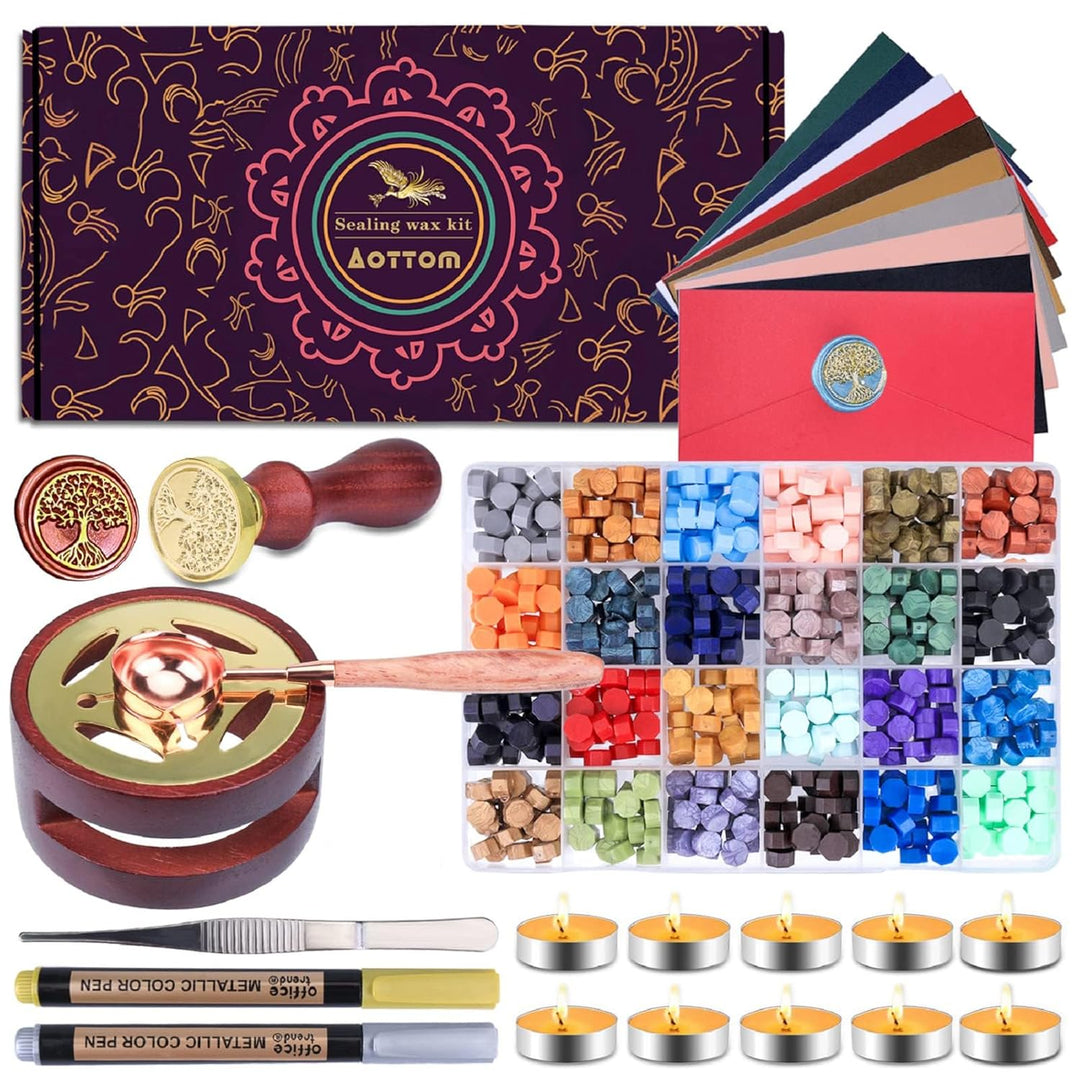 Siegelwachs Set, 720 Siegelwachs Perlen im 24 Farben+1 Wachssiegel Stempel+10 Teelicht Kerze+1 Wachs