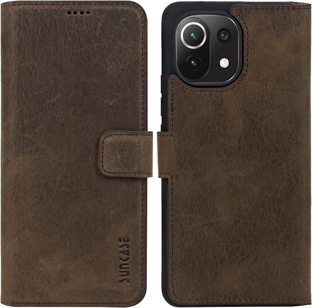 Suncase Book-Style Hülle kompatibel mit Xiaomi Mi 11 Leder Tasche (Slim-Fit) Lederhülle Handytasche