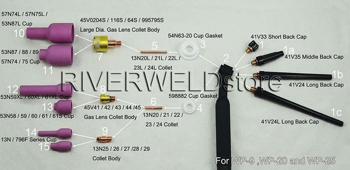 RIVERWELD WIG-Aluminiumoxid-Düse 13N08 4# 796F70 3# 796F74 3# 53N59 5# 53N59XXL 5# Gaslinse 45V43 Ø1