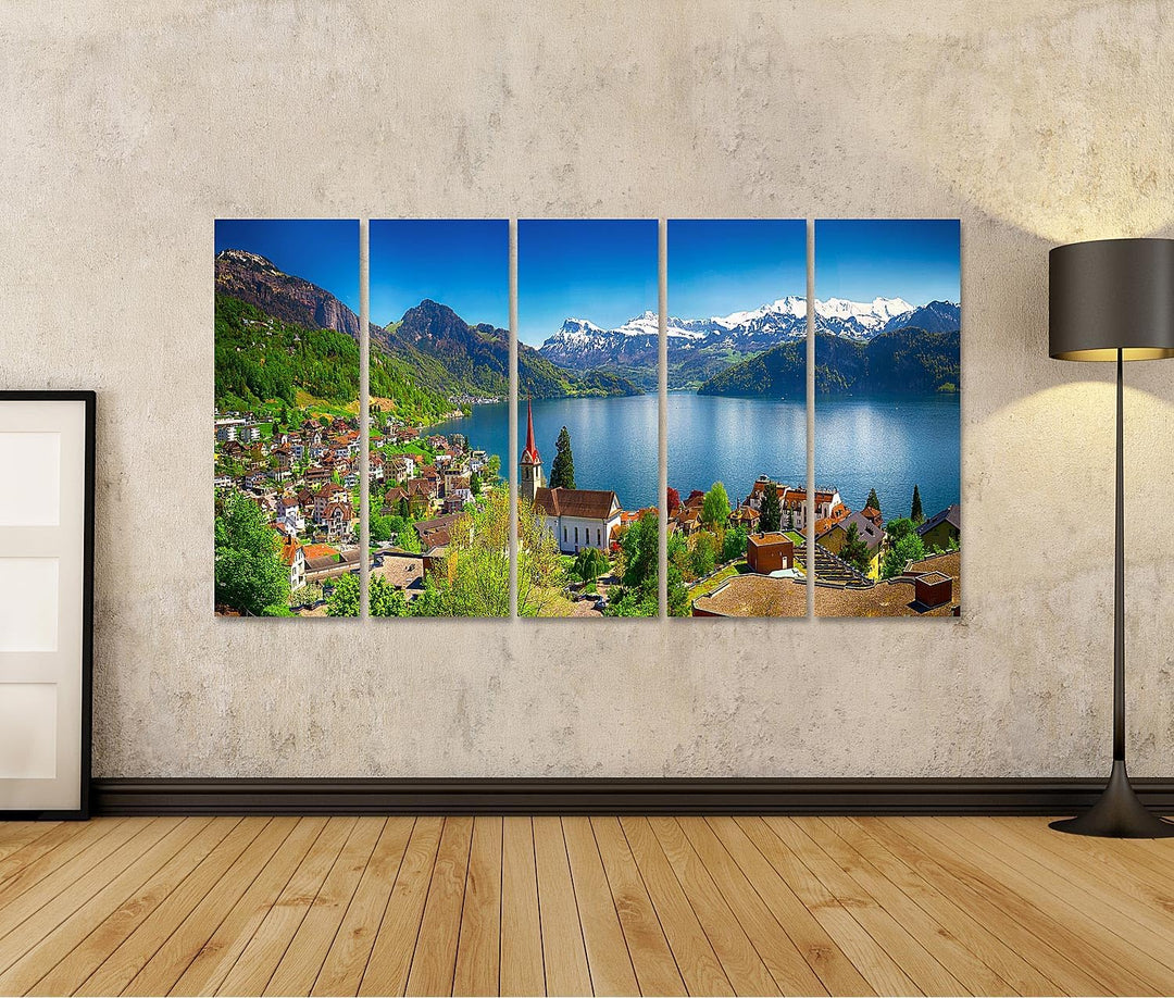 islandburner Bild auf Leinwand Dorf Weggis Vierwaldstättersee Umgeben Von Schweizer Alpen Panorama B