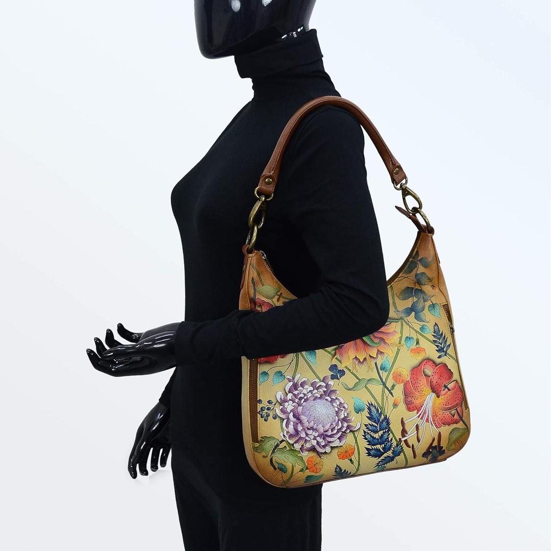 Anuschka Handbemalte Schmale Hobo Tasche, Erweiterbar, mit Crossbody Riemen Caribbean Garden, Caribb
