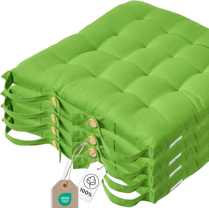 HOMESCAPES 4er Set Stuhlkissen 40 x 40 cm, grün, Sitzkissen mit Bändern und Knopfverschluss, einfarb