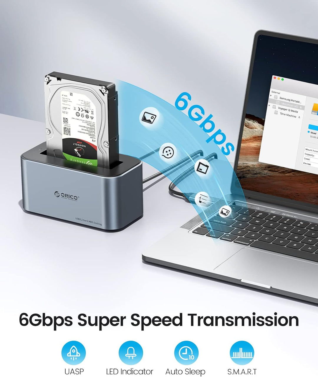 ORICO Aluminium Festplatten Dockingstation, 6Gbps USB 3.2 Gen 2 SSD/HDD Docking Station für SATA 2,5