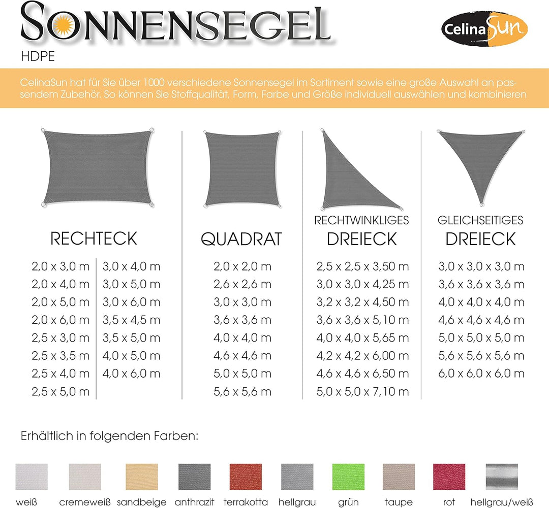 CelinaSun Sonnensegel inkl Befestigungsseile Premium HDPE wetterbeständig atmungsaktiv Rechteck 3,5