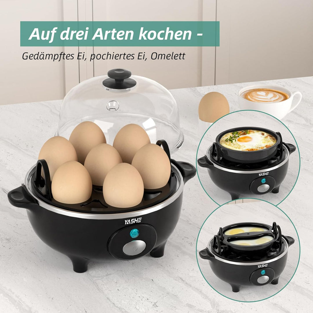 YASHE Eierkocher, 360W Kompakter Egg Cooker Multifunktional, 7 Eier leicht zu Pellen, Weich, Mittel,