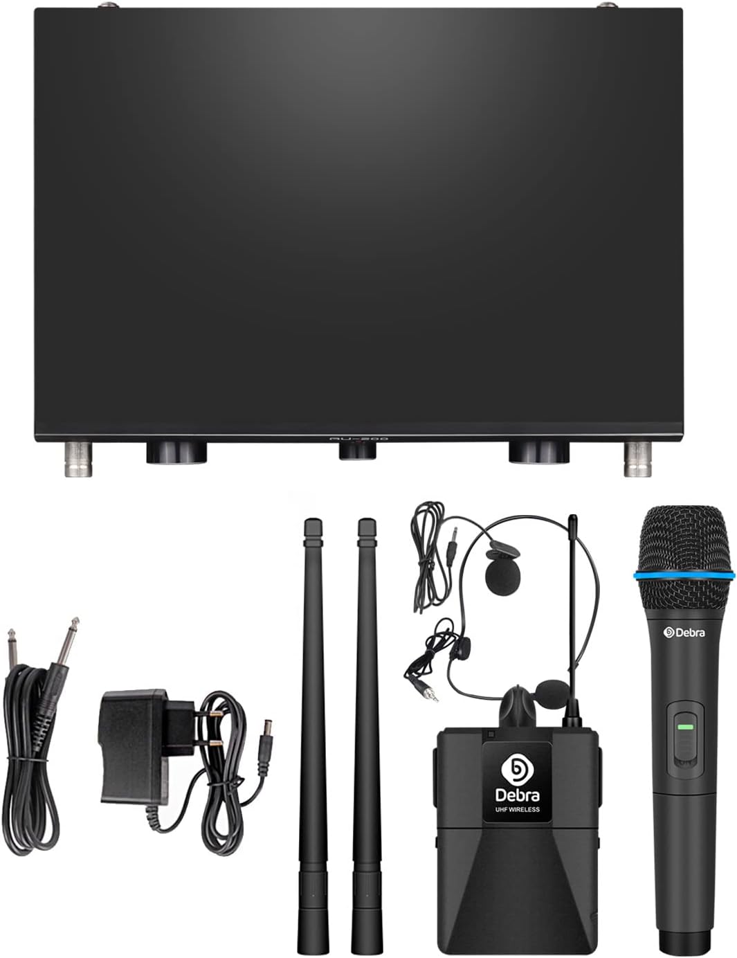 D Debra Audio AU200 Pro UHF 2-Kanal-Drahtlos-Mikrofonsystem mit schnurlosen Lavalier-Headset-Mikrofo