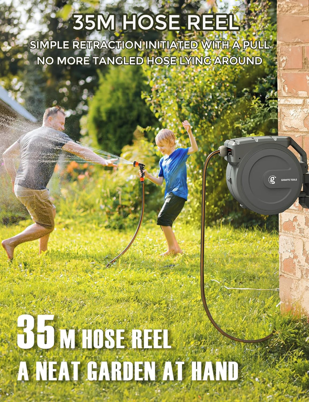 Giraffe Tools Gartenschlauchtrommel-Set mit Wasserhahn-Splitter und Abdeckung, einziehbarer 35 m Sch