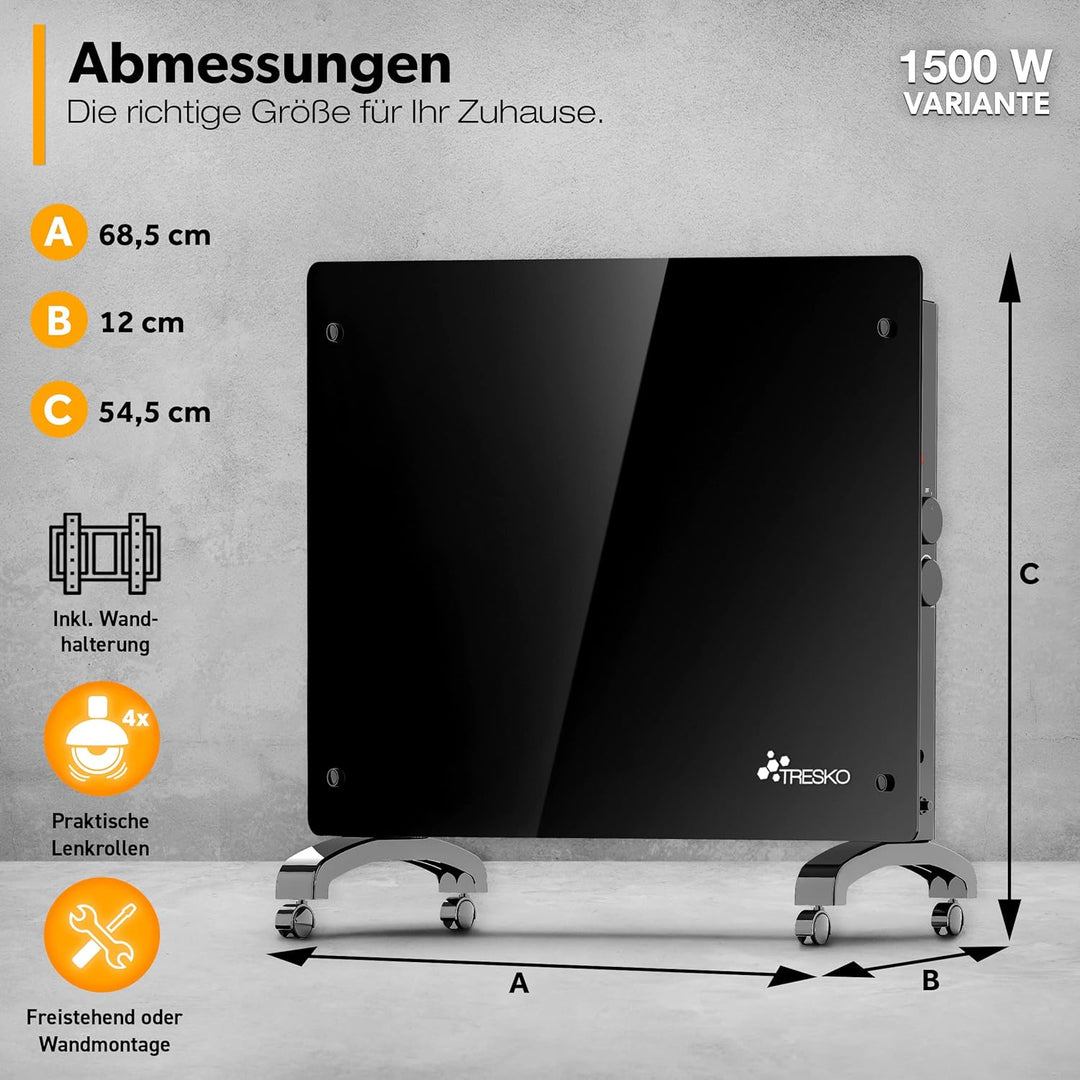 TRESKO® Glaskonvektor Elektroheizung 1500 Watt | Glasheizung elektrisch | Konvektor Heizung Heizkörp