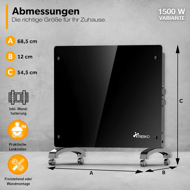 TRESKO® Glaskonvektor Elektroheizung 1500 Watt | Glasheizung elektrisch | Konvektor Heizung Heizkörp