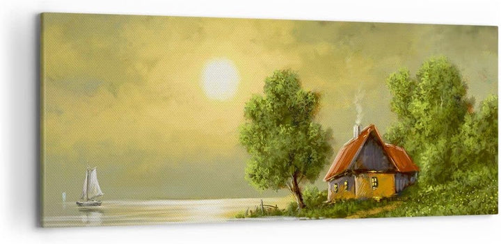 Wandbilder Dekoration Wohnzimmer Boot Wasser Hütte Panorama Bilder auf Leinwand 120x50cm Leinwandbil