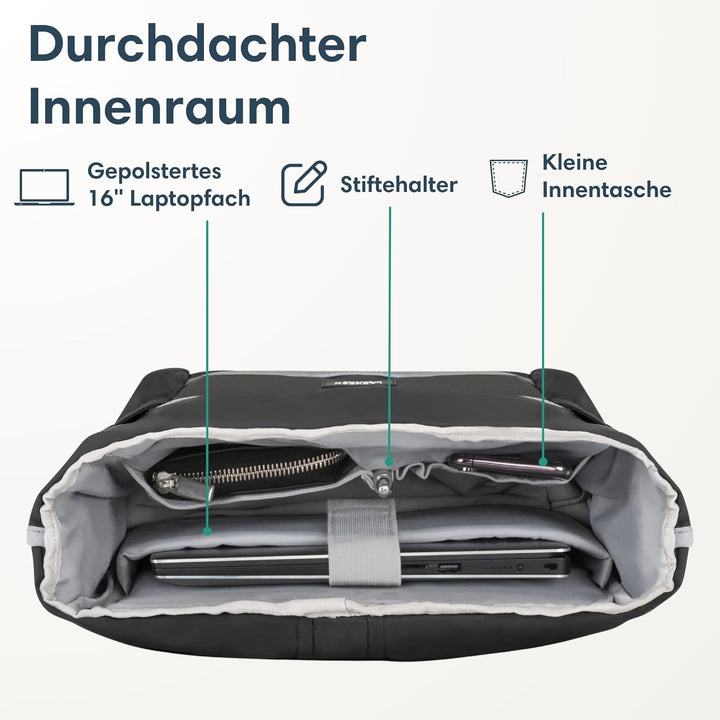 LARKSON Rolltop Rucksack Damen Gross Schwarz Reflektierend - No 2 - Daypack für Schule, Uni, Fahrrad