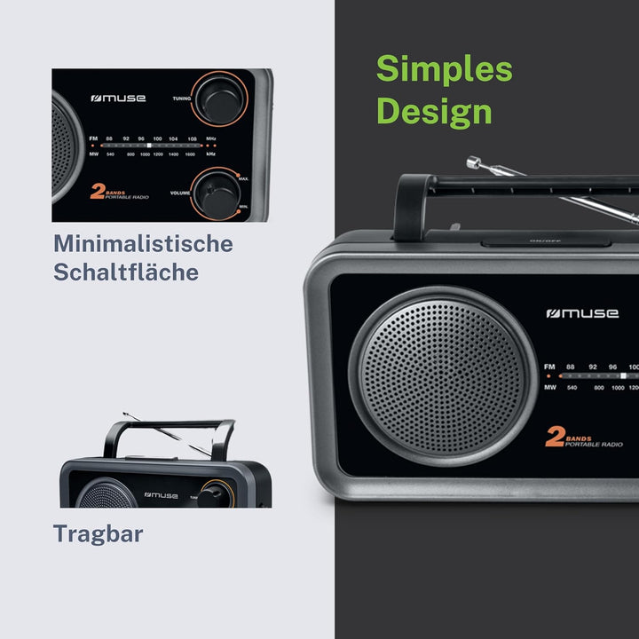 Muse M-06 DS Küchenradio (FM, MW) Radio, Netz- und Batteriebetrieb, AUX-In für Handy, schwarz, Schwa