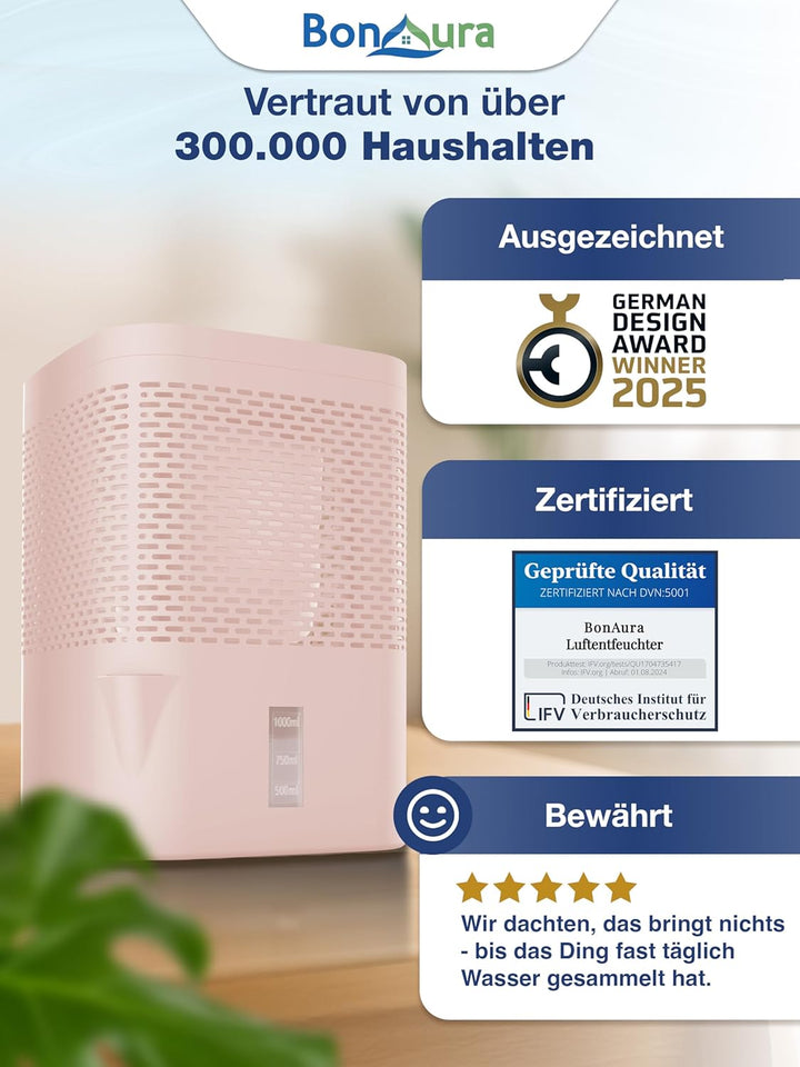 BonAura® AirOne Luftentfeuchter ohne Strom bis 23m² I 360° Belüftung I Raumentfeuchter mit Ausgiesse