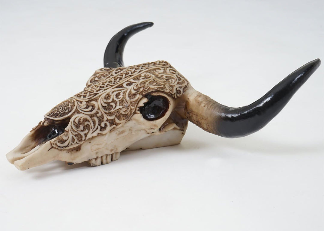 Mendler Deko Schädel 31cm HWC-C15, Polyresin Stier Bulle Longhorn Kopf Trophäe mit Tribal, In-/Outdo