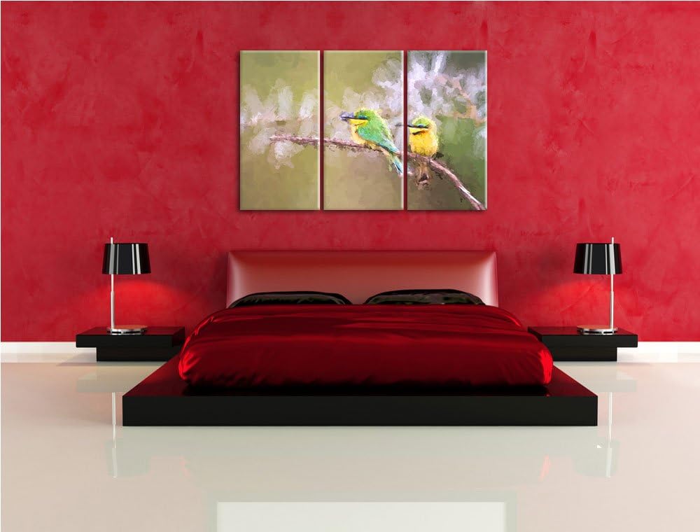 farbenfrohe exotische Vögel auf Ast NewArt 3-Teiler Leinwandbild 120x80 Bild auf Leinwand, XXL riesi