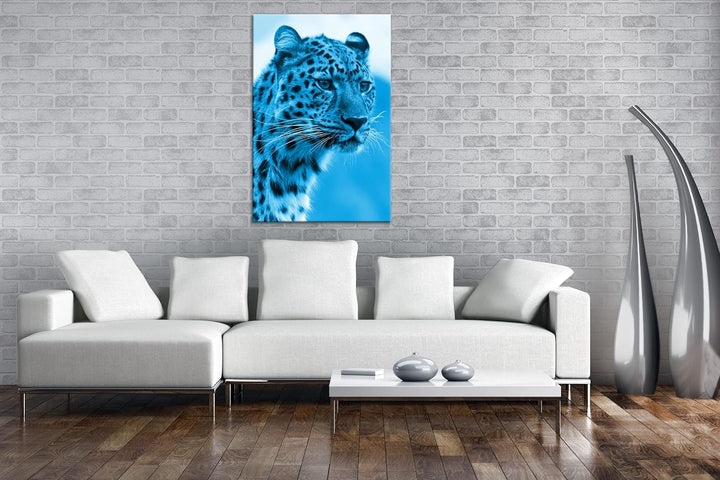 deyoli süsser Leopard Format 80x60 Effekt: Monocrome Blau als Leinwandbild, Motiv fertig gerahmt auf
