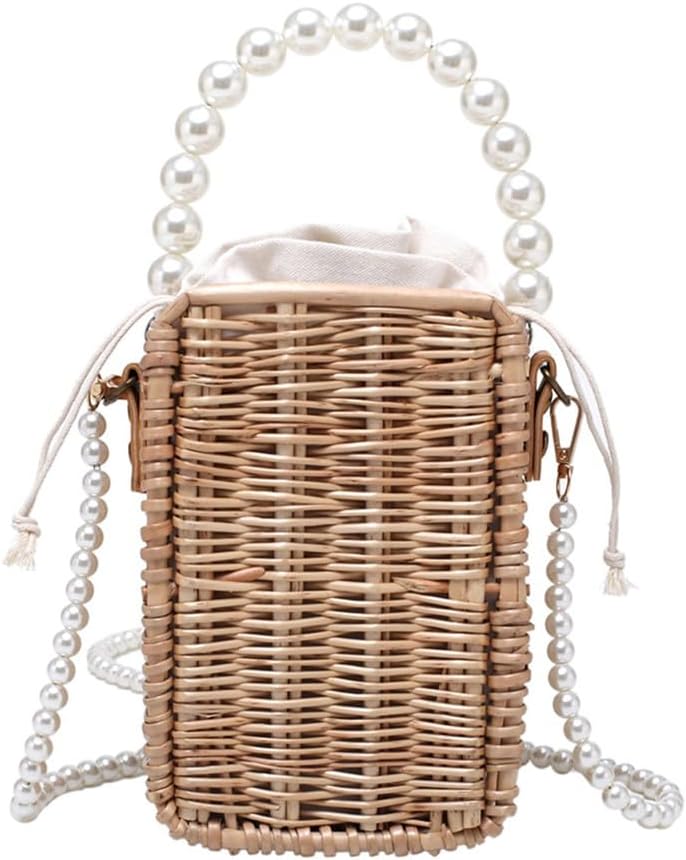 Amosfun Rattan Umhängetaschen Handgemachte Stroh Taschen mit Perlen Perlen Schulter Gurt Und Griff B