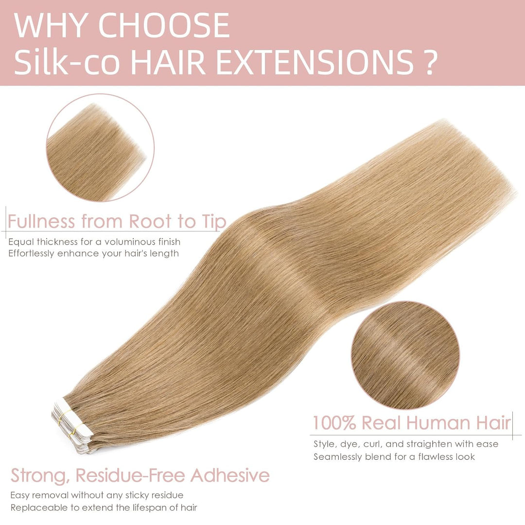 Silk-co Tape Extensions Echthaar 20stk, Haarverlängerung Tape in Extensions Echthaar, Remy Haarexten