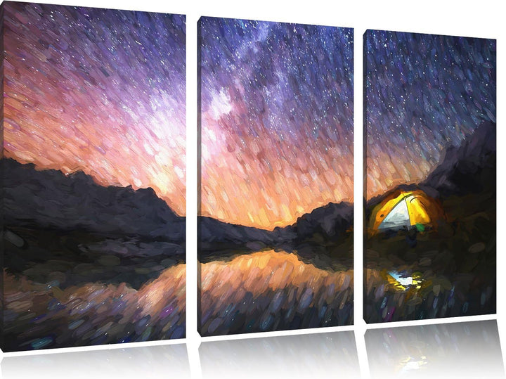 Pixxprint Zelten unter tausenden Sternen / 3-Teilig/Gesamtmass 120cm Leinwandbild bespannt auf Holzr