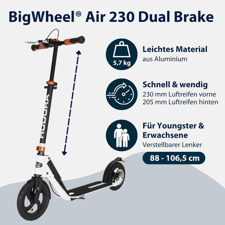 HUDORA BigWheel Air 230 Scooter - Tretroller mit/ohne Handbremse - Stabiler Aluminium-Roller mit Luf