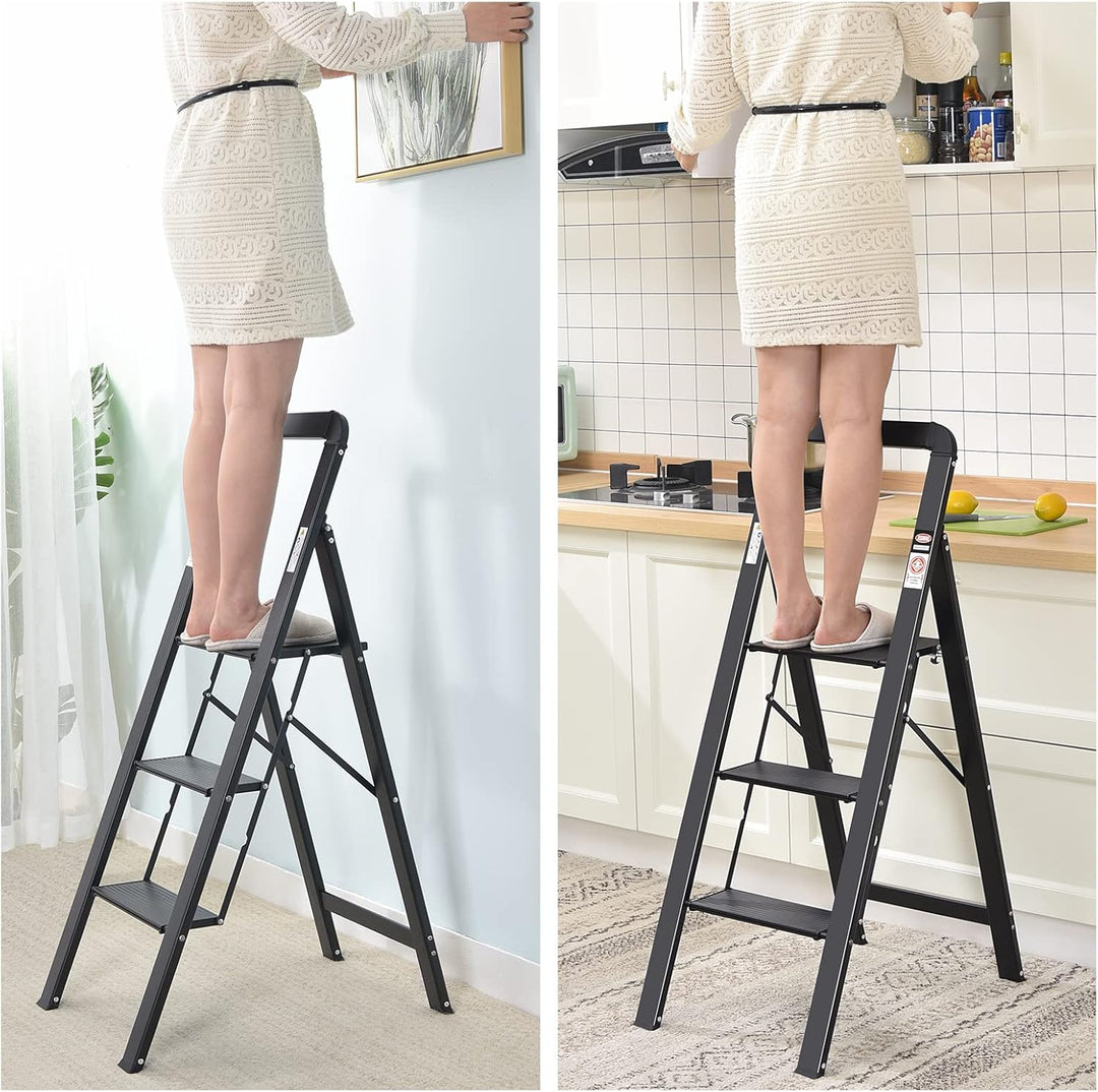KINGRACK Stufenleiter, Trittleiter 3 Stufen, Klapptrittleiter mit Handlauf, rutschfeste Haushaltslei