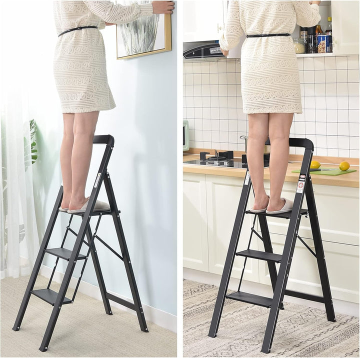 KINGRACK Stufenleiter, Trittleiter 3 Stufen, Klapptrittleiter mit Handlauf, rutschfeste Haushaltslei