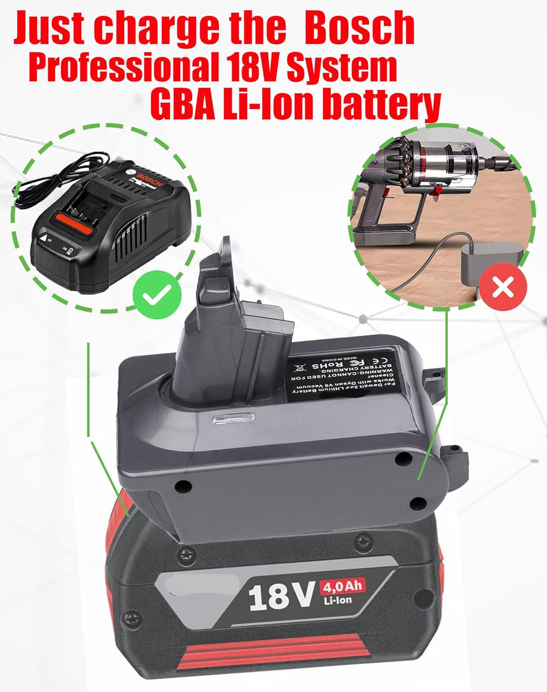 Universal V6 Akku-Adapter für Dyson, kompatibel mit Bosch Professional 18V GBA System Akku, Mehrzwec