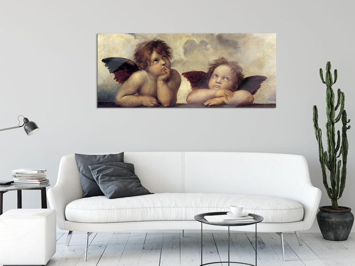 Glasbild Panorama | Wandbild aus Echtglas | Raffael - Sixtinische Madonna zwei Engel | 100x40 cm | i