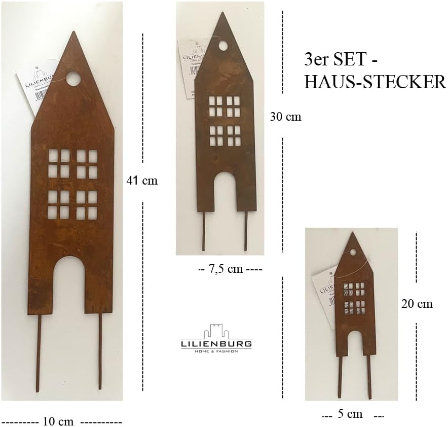 LB H&F Lilienburg Häuser 3er Set Gartendeko Roststecker Rost Metall Gartenstecker (Haus Rost), Haus
