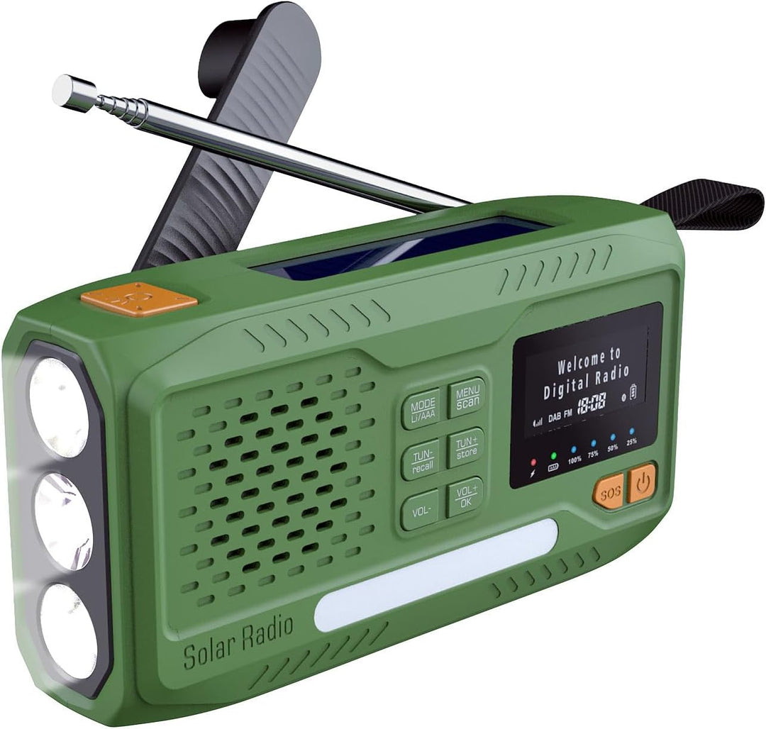 infactory Notfallradio: Mobiles DAB+-Kurbelradio mit EWF, Solarpanel, LED, USB, Bluetooth 5 (Radios,
