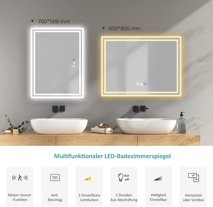 EMKE Sensor Spiegel mit Beleuchtung 80x60cm LED Badspiegel mit Bewegungssensor, Touch, Beschlagfrei,
