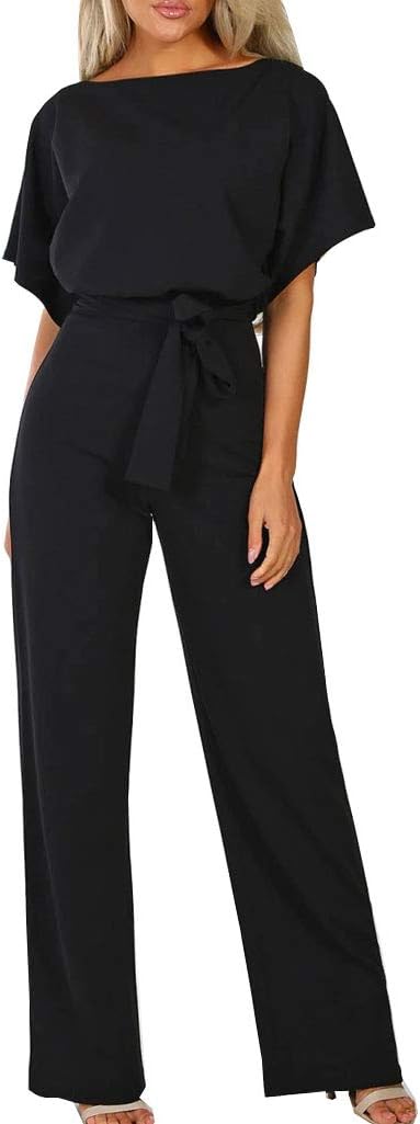 Walant Damen-Jumpsuit, kurzärmlig, Rundhalsausschnitt, einfarbig, Strampler Jumpsuit, Sommer, schick