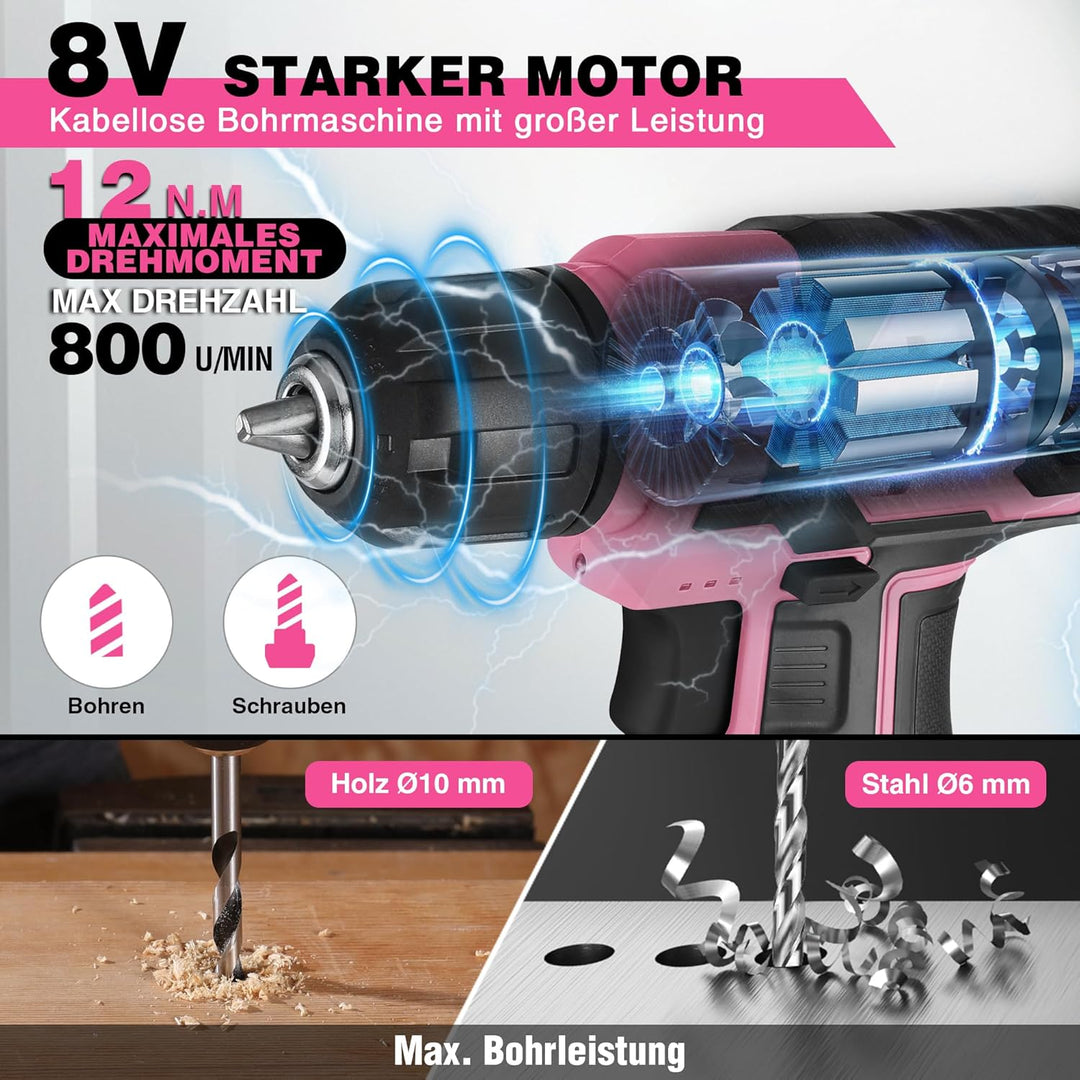 WORKPRO 8V Akku Bohrschrauber Set mit Transportkoffer, Akkuschrauber, 2x2000 mAh Akkus Bohrmaschine,