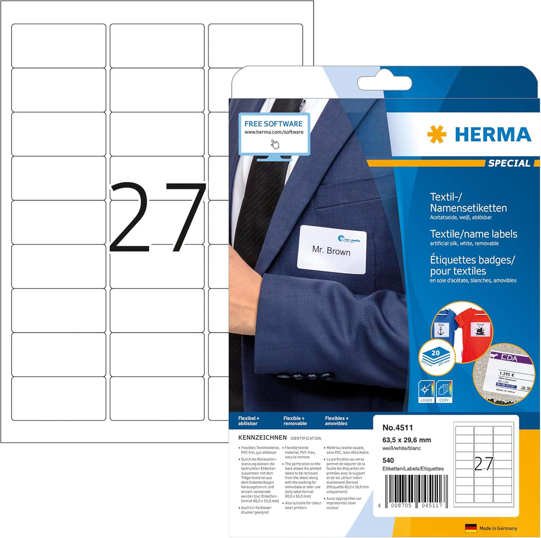HERMA 4511 Namensetiketten ablösbar, 640 Blatt, 63,5 x 29,6 mm, 27 Stück pro A4 Bogen, 17280 Aufkleb