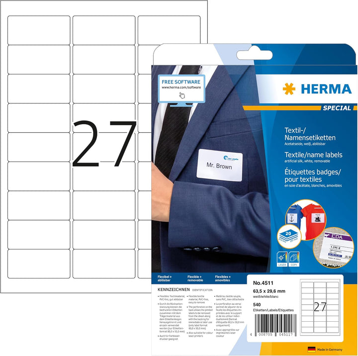 HERMA 4511 Namensetiketten ablösbar, 640 Blatt, 63,5 x 29,6 mm, 27 Stück pro A4 Bogen, 17280 Aufkleb