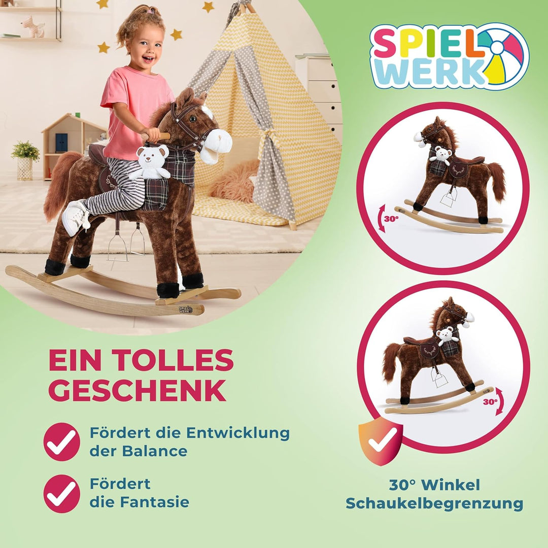 DEUBA® Schaukelpferd Sound Effekte mit Sattel Zaumzeug Steigbügel Schaukeltier Plüsch Schaukel Wippe