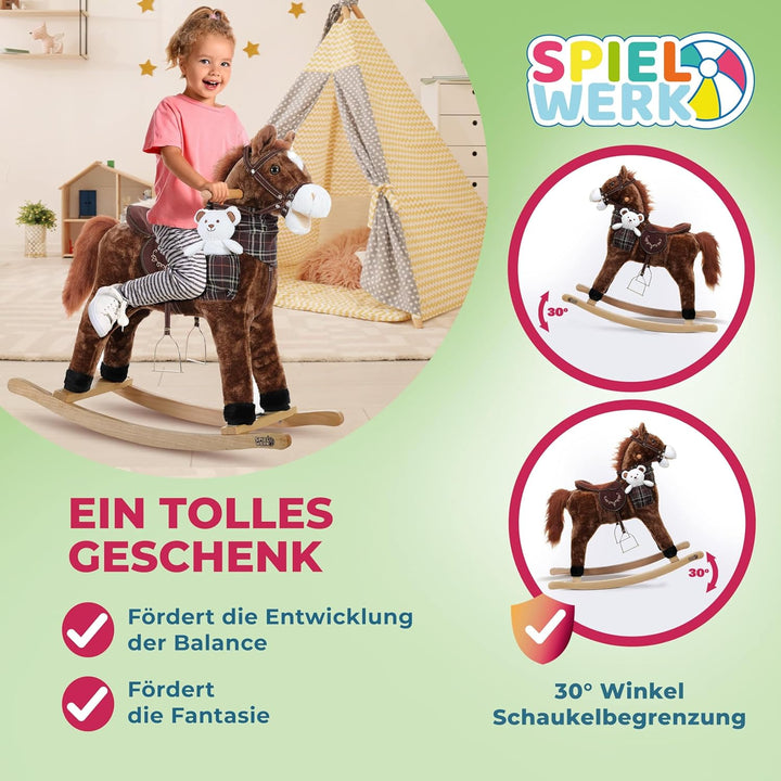 DEUBA® Schaukelpferd Sound Effekte mit Sattel Zaumzeug Steigbügel Schaukeltier Plüsch Schaukel Wippe