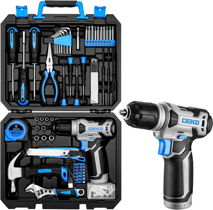 DEKO 126 Stück Elektrowerkzeug Combo Kits mit 8V Akku Bohrer, 10MM 3/8'' Keyless Chuck, Professionel