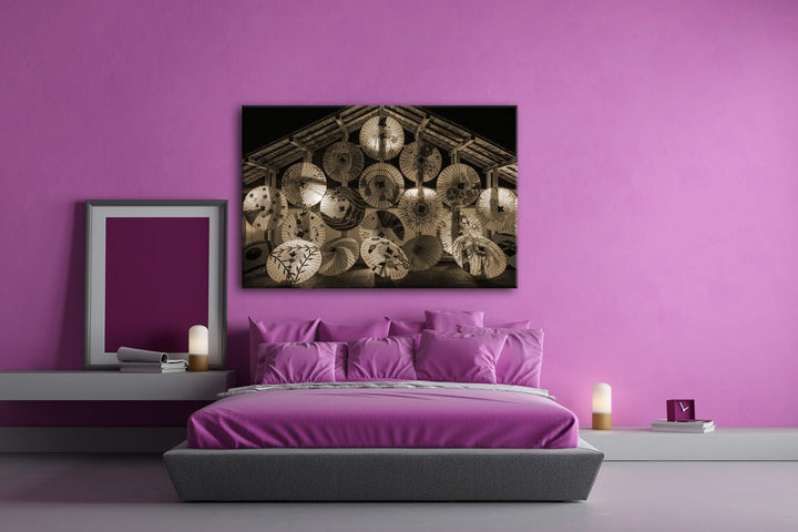 deyoli viele bunte japanische Regenschirme Format: 80x60 Effekt: Sepia als Leinwandbild, Motiv ferti