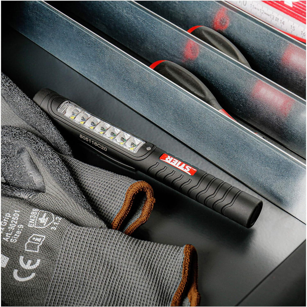 STIER LED-Stiftleuchte, 150 Lumen Vorderseite, 50 Lumen Hochleistungs-Spotlight, Magnet & Taschenkli