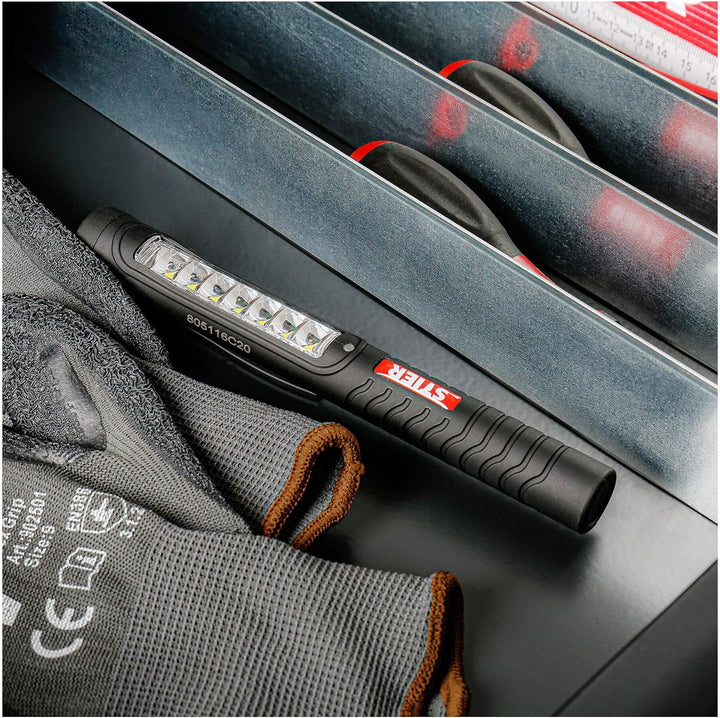 STIER LED-Stiftleuchte, 150 Lumen Vorderseite, 50 Lumen Hochleistungs-Spotlight, Magnet & Taschenkli