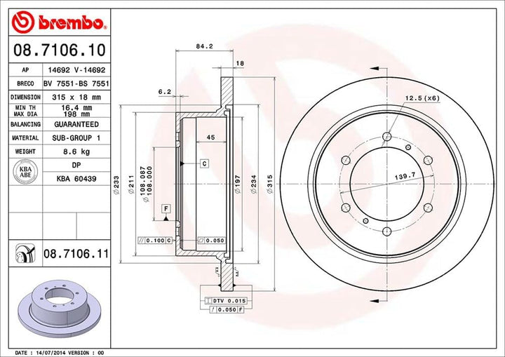 Brembo 08.7106.11 Hintere Bremsscheibe mit UV Lackierung