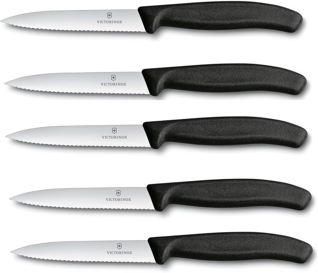 Victorinox 5-tlg Gemüsemesser Set Swiss Classic Schwarz – 10 cm mit Wellenschliff – Tomatenmesser 5e