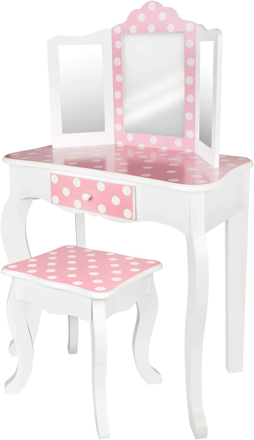 Teamson 85388, Schminktisch aus Holz, mit Hocker und Spiegel, für Mädchen mit Schublade, Lernspielze