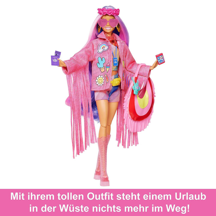 Barbie Extra Fly - Reisepuppe im Wüstenlook mit Fransenjacke und übergrosser Tasche, beweglicher Kör
