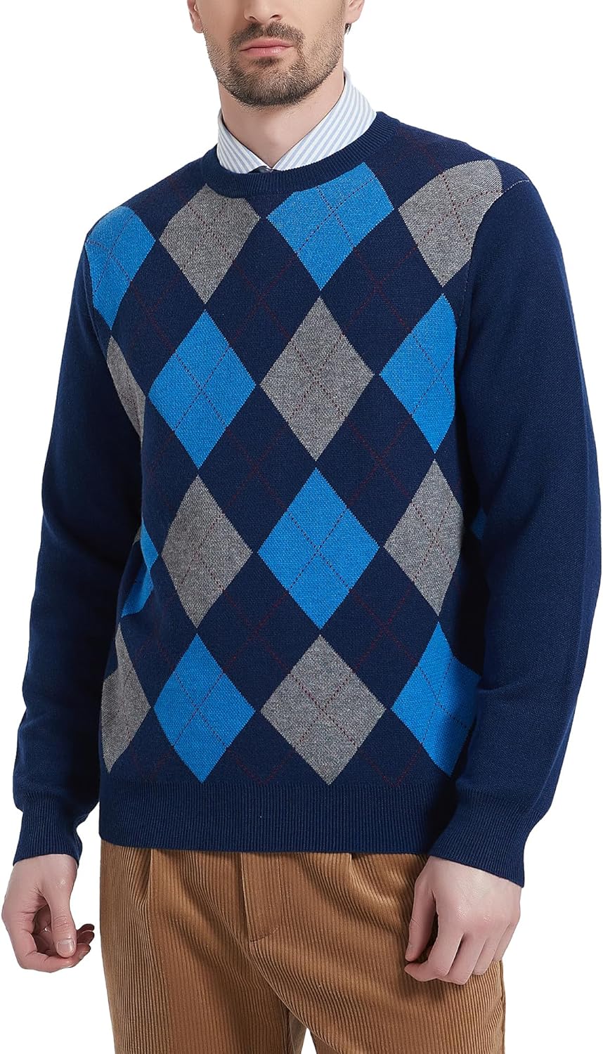 Kallspin Herren Wollmischung Strickpullover Argyle Rundhalsausschnitt Pullover Sweater, S Marineblau