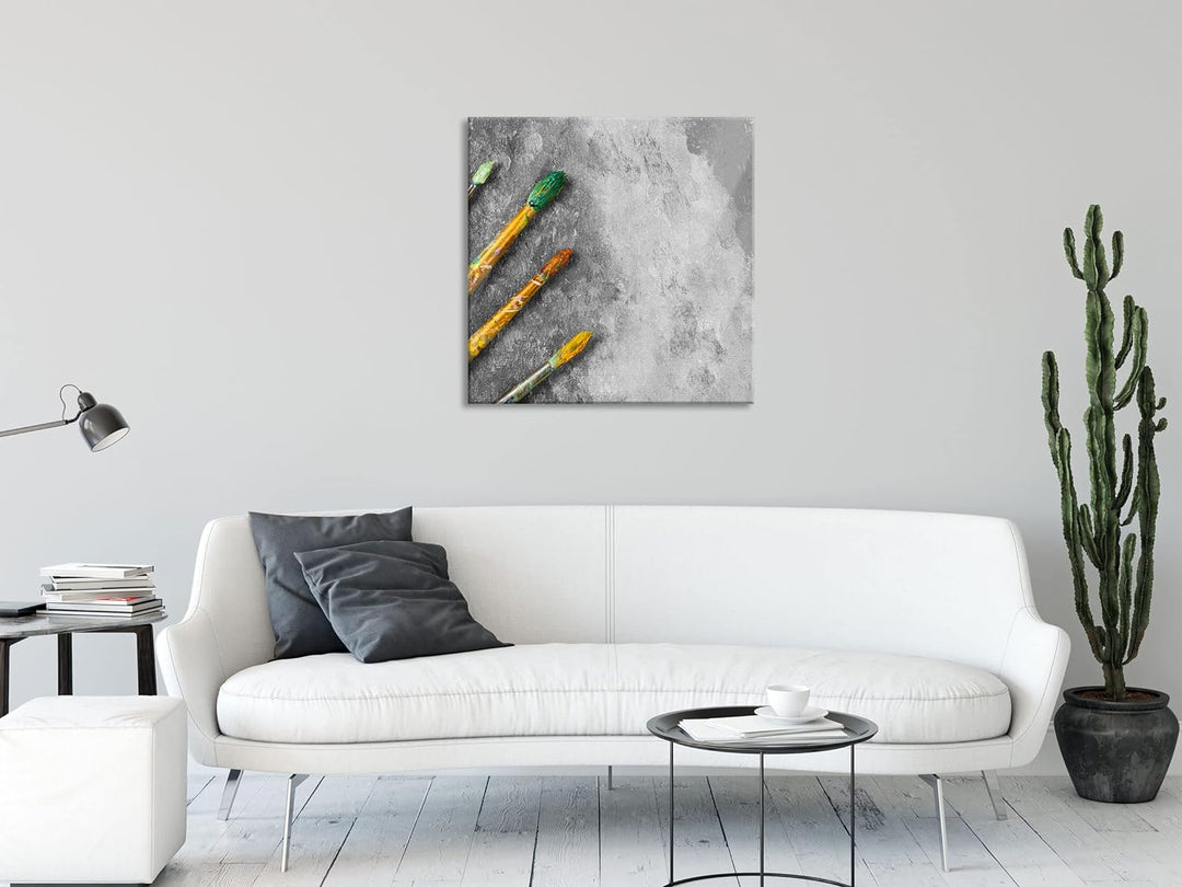 Glasbild | Wandbild auf Echtglas | Gelber Pinsel & Bild | 70x70 cm | inkl. Aufhängung und Abstandsha