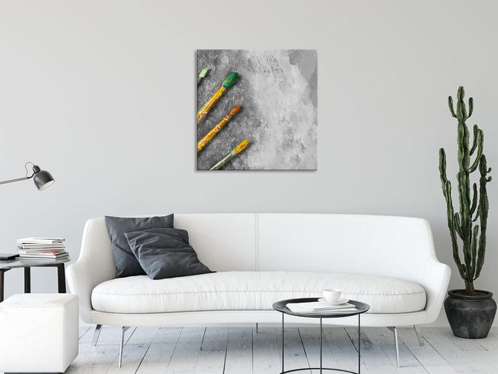 Glasbild | Wandbild auf Echtglas | Gelber Pinsel & Bild | 70x70 cm | inkl. Aufhängung und Abstandsha