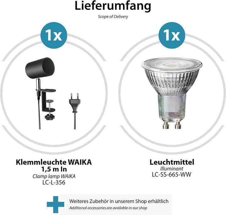 ledscom.de Klemmlampe WAIKA, Schalter, schwarz matt, inkl. LED GU10 Lampe, 3-Stufen Dimmen: max. je