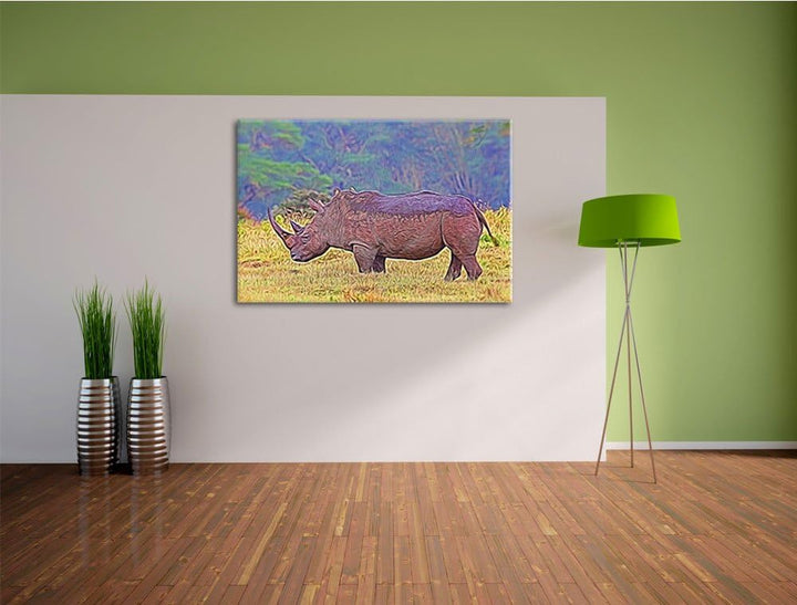 grosses Nashorn in der Savanne Spezial Format: 100x70 cm auf Leinwand, XXL riesige Bilder fertig ger